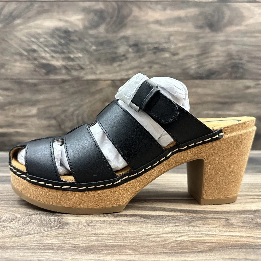 NIB Aetrex Cally 39 8.5 Black Leather Slip On Fisherman Heels Clog Sandals - Picture 9 of 12